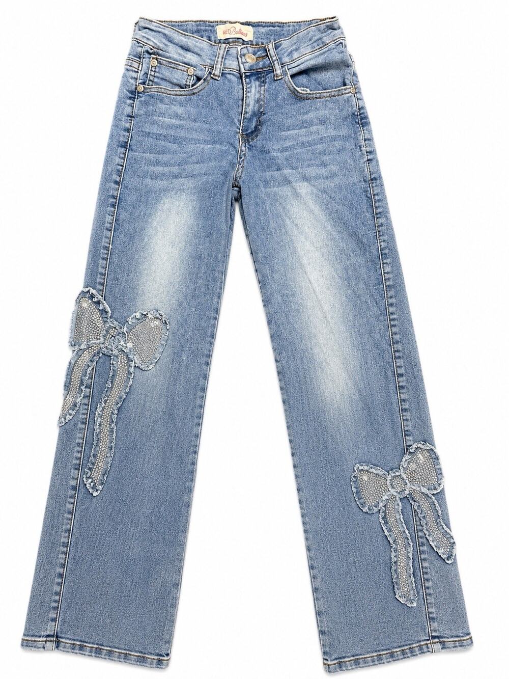 Red Buttons Women’s Rhinestone Bow Jeans Light Wash Straight Leg Size 1/25